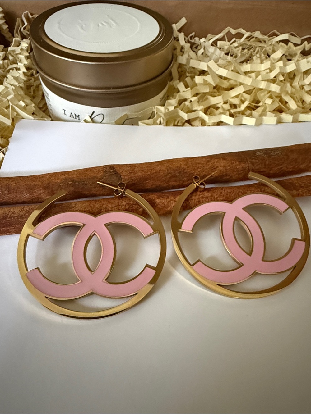 Fashion Jewelry Pink Enamel CC Hoop Earrings - Gold Tone